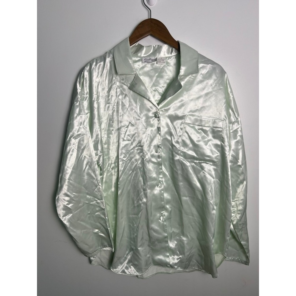 Kathryn LG Mint Green Satin Pajama Top Button Front Long Sleeve Sleep‎ Shirt